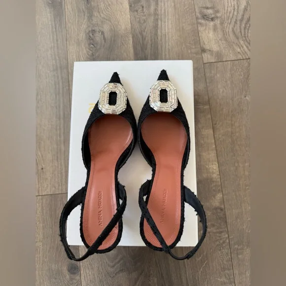 New Authentic Amina Muaddi Camelia 60mm Tweed Slingback Pump Size 38.5 - Picture 6 of 10